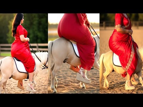 Red Saree Queen Riding a Tiny Pony –Women Riding Horses, Ponies and Donkeys Compilation