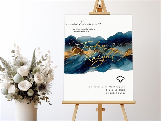 Navy Blue and Gold Graduation Decorations 2026, Graduation Party Welcome Sign, Custom Easel Sign, Grad Entrance Poster Alcohol Ink Art GR7B - Etsy