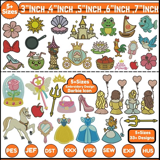Princess Icon Machine Embroidery Designs Magic Kingdom Embroidery Barbie Custom Design Cartoon Inspired Princess PES 5 size Instant Download - Etsy