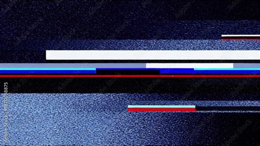 A distorted television screen displays a glitchy image with horizontal lines and vibrant colors in a dark room