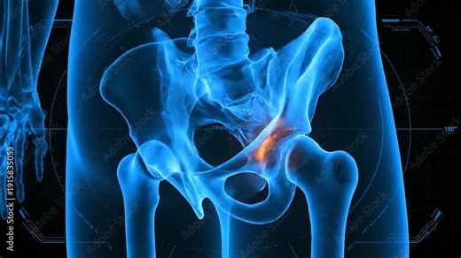 Diagnostic x-ray image of a human pelvis with a highlighted hip fracture in a medical diagnostic environment