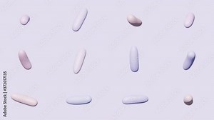 Seamless pattern of rotating objects. Animation of colorful geometric figures levitation. 3d render of primitive shapes swing on plain background. Vivid view from above.