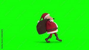Seamless looping animation of a cartoon Santa Claus with gift bag sneaking across a green background. Side view. High quality 3d animation. Green-screen version