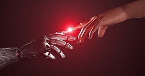 Human Touch and AI Robot Connection. Digital Interface. Electrical Lights. Technology Related 3D Animation.