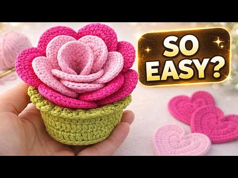 The BEST 3-in-1 Crochet Rose Tutorial EVER! Pot, Coaster, Heart