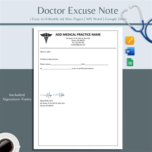 Editable Doctor's Note Template | Instant Download | Doctors Excuse | Fake Doctors Note | Doctor Note for Work (word, Google Docs, Pages) - Etsy