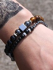 Men's Beaded Bracelet Set with Natural Stone and Hematite Beads, Adjustable Layered Wristband Jewelry for Casual Wear, Parties and Gifts 2025