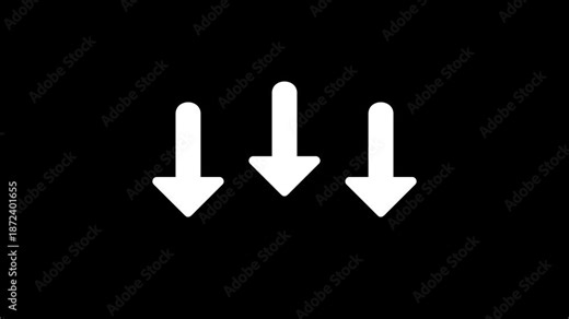 Animated down arrows icon on transparent background with alpha channel, smooth looping motion graphic for download and direction concept, minimal white arrow animation for interface cues