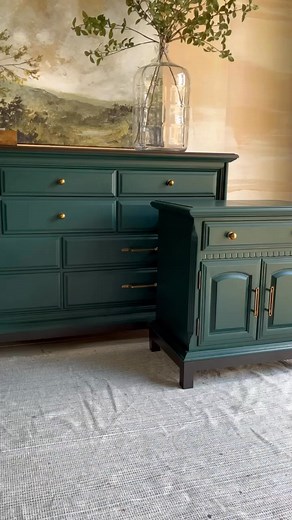 225K views · 6.1K reactions | I originally found these mismatched nightstands for $20 and then a few weeks later I found this dresser for $40 and decided to try and make a set! Removing the old base and building a new one for each piece helped everything tie together. I love this color green with the brass hardware! Tell me what you think, would you try mixing pieces to make a set? | Field and Vineyard | Facebook