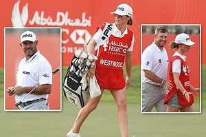 Lee Westwood's girlfriend Helen Storey was the eye-catching emergency caddie in Abu Dhabi
