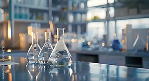 Three glass beakers filled with water sit on a counter in a laboratory