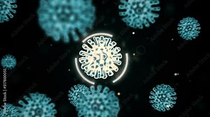 Coronavirus COVID-19 infection disease. Floating pathogen on a dark background under magnification in electron microscope in form of blue colored virus cells. 3d rendering animated concept video in 4K