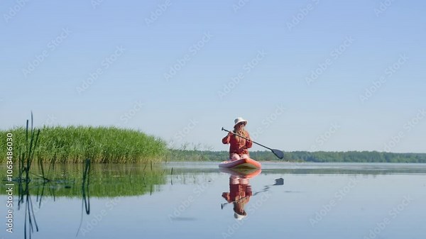 A woman paddling a SUP board along the river. SUP surfing. A young woman paddle boarding.