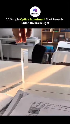 @trendiq_45 on Instagram: "This experiment reveals the science behind how white light is actually made of many colors. When a single beam of white light enters a glass prism, it slows down and bends, a process called refraction. Because each color in white light has a different wavelength, each one bends by a different amount as it passes through the glass. Red light bends the least, while violet bends the most. As the light exits the prism and bends again, these small differences spread the col