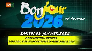 Bonjour 2026 – 19ᵉ édition 🎉 Sous le haut patronage du Premier ministre Robert Beugré Mambé et le parrainage de Madame Kandia Camara, Présidente du Sénat. 📅 Samedi 3 juillet 2026 | 20h 📍 Parc des Expositions d’Abidjan 🎟️ Tickets : 15 000 F CFA | VIP : 25 000 F CFA 📌 Points de vente : RTI, Musée du Ballon, Plateau, Cosmos, Chez Joël 💻 En ligne : tikrama.com #Rtiofficiel #RTI1 #RTIDIGITAL #Culture #bonjour2026 | RTI 1