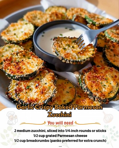 Garlic Crispy Baked Parmesan Zucchini Ingredients (Serves 4): 2 medium zucchini, sliced into 1/4-inch rounds or sticks 1/2 cup grated Parmesan cheese 1/2 cup breadcrumbs (panko preferred for extra crunch) 1 tsp garlic powder 1/2 tsp Italian seasoning Salt & black pepper to taste 1–2 tbsp olive oil or melted butter Directions: Preheat oven to 425°F (220°C). Line a baking sheet with parchment or lightly grease it. Pat zucchini slices dry with paper towels to remove moisture for maximum crispiness.