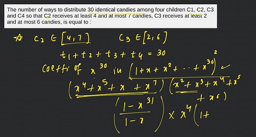 The number of ways to distribute 30 identical candies among fou... | Filo