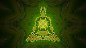 Looped meditation background with silhouette in lotus pose and shiny psychedelic mandala ornaments. Abstract animation with glowing energy flow patterns for yoga and spiritual practices. Loop 4K 60fps