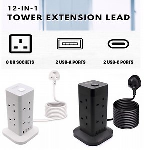 12 IN 1 AJP Tower Extension Lead 8 UK Sockets | 4 X USB Ports Extension Cable 2M  | eBay UK