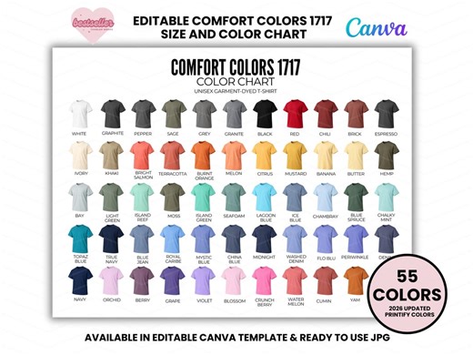 Comfort Colors 1717 Color Chart and Size Chart, Color Chart Comfort Colors 1717 Custom Template, Editable Comfort Colors Color Chart - Etsy