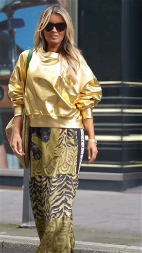 Gold Metallic Sweatshirt, Safari Print Shirt Dress And Studded Khaki Jacket #fashiontrends #ootd