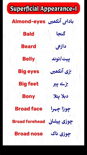 Daily Use English Vocabulary | Physical Appearance Vocabulary -1 | English to Urdu