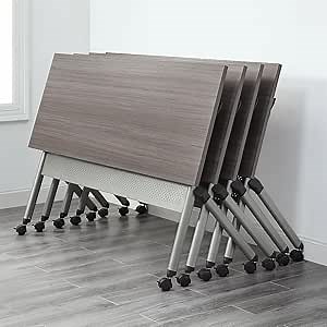 NBF Flip Top Office Training Table - Rolling Folding Table with Locking Caster Wheels and Brushed Steel Leg with Modesty Panel, 60" W x 24" D, Gray Laminate, Nickel Steel
