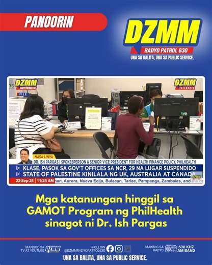 7.2K views · 55 reactions | Aabot hanggang sa ₱20,000 na halaga ng libreng gamot kada taon ang nakalaan para sa bawat Pilipinong miyembro ng PhilHealth ayon kay Dr. Ish Pargas, Spokesperson & Senior Vice President for Health Finance Policy. Ang DZMM Radyo Patrol 630 ay napapakinggan sa 630 kHz AM Band at sabayang napapanood sa DZMM Teleradyo. #DZMMRadyoPatrol630 #PhilHealth | DZMM Radyo Patrol 630 | Facebook