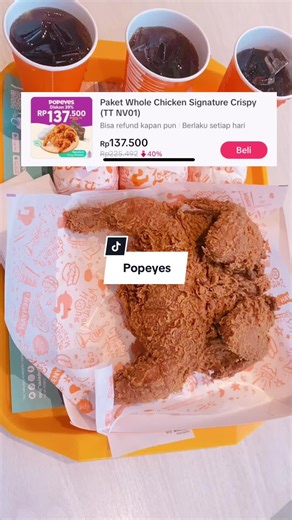 Popeyes Whole Chicken Lagi ada promo nih di Tiktok 🥳 Caranya : ✅ Klik Tag Lokasi di video (yang warna hijau) ✅ Pilih voucher yang diinginkan ✅ Klik beli sekarang ✅ Pilih metode pembayaran ✅ Bayar sesuai yang dipilih ✅ Tunggu sampai muncul barcode ✅ Tukarkan di outlet Popeyes Terdekat Cus buruan keburu kehabisan promonya loh 🥳 #pestarasaakhirtahun #nexentertainment #Popeyes