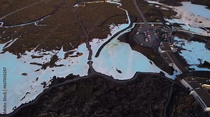 Full aerial 4K view of Blue Lagoon spectacular geothermal spa complex.