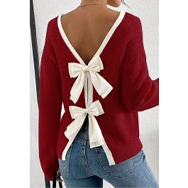 Contrast Double Bow Open Back Ribbed Knit Sweater in Red for Festive Nights & Sweet Celebrations