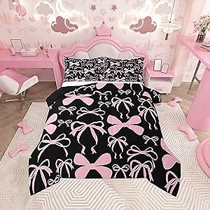 Feelyou Pink Bow Bedding Set Girls Full Size Black and Pink Comforter Set for Kids Women Ultra Soft Cute Bowknot Comforter Kawaii Bow Duvet Quilt Lovely Room Decor