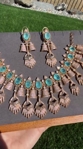 Turquoise Victorian Statement Necklace Set, Gold Plated CZ Earrings - Etsy