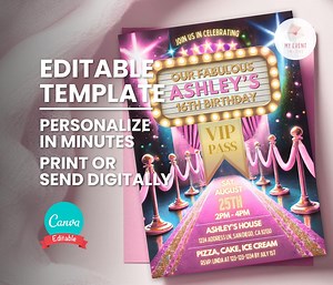 Pink Carpet Birthday Invitation: VIP Pass, Hollywood Party (printable, Editable Template) - Etsy