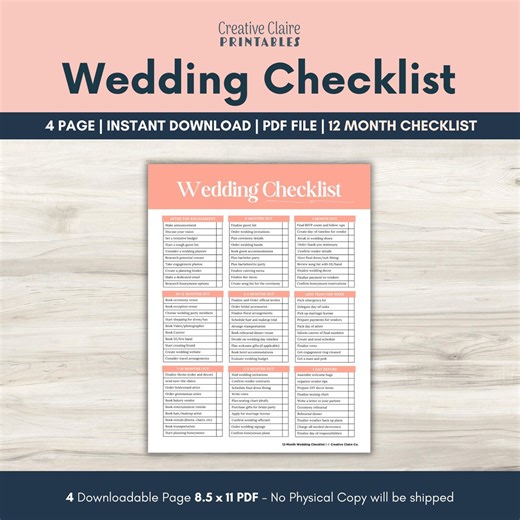 Wedding Checklist Printable | 12-month Planner | Bride & Groom To-do List, Ultimate Checklist, Wedding Planner, Marriage Organizer, Wedding - Etsy