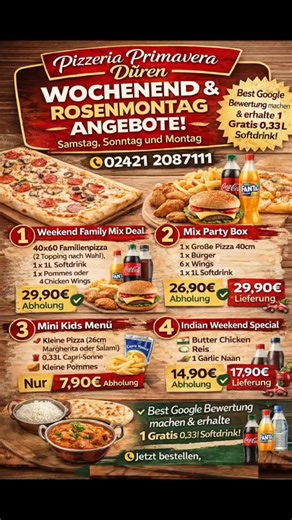 Pizza Primavera Düren | 🎉 DÜREN AUFGEPASST! 🎉 Wochenende + Rosenmontag = 🍕🔥 👨‍👩‍👧 Familienpizza 40×60 🍔 Party Box mit Nuggets 👦 Kids Menü nur 7,90€ 🇮🇳 Butter... | Instagram
