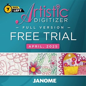 Time is running out! You have just one week left to dive into the amazing world of Artistic Digitizer for FREE! Don’t miss your chance to explore all its incredible features! From now until April 30th, you have the amazing opportunity to explore and enhance your projects using this powerful embroidery, sewing, and crafting software. Enjoy! Tap the link in bio to sign up and get your access code before the trial ends! https://janome.pulse.ly/a6bsza0x4r | Janome Sewing Machines