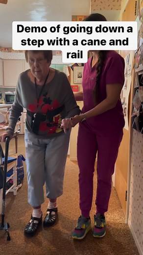 Demo of how to go down a step using a rail and quad cane. Try this with your caregiver or family member. Still struggling? Reach out today to see how we can help! 567-454-1046 or www.viptherapy.org Disclaimer: this is not medical advice. Consult your doctor if you are having pain or mobility limitations. #caregiver #caregivers #caregiversupport #caregivertips #healthcare #health #healthcareworkers #pain #geriatrics #falls #fallprevention #parkinsons #rollingwalker #stairs #dementia #homecare #ho