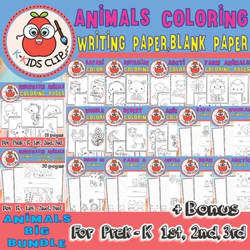 Animals Coloring Sheet and Primary Writing,Blank Paper Bundle