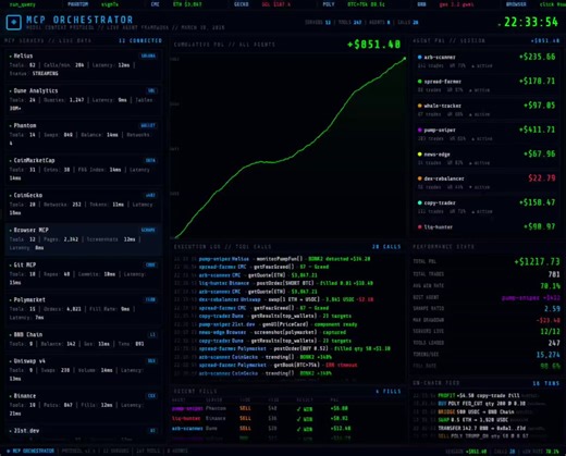 我大学同学搞了一套 MCP 调度中心，挂了 12 个服务器、8 个交易代理。闹钟还没响呢，钱包里已经多了 1,129 刀。1080 笔交易，全程零人工干预。搭好之后，他啥也没干过。MCP 这玩意儿，你可以理解成 AI 的 USB 接口。一个服务器插上去，Claude 就能直接跟它对话，不用写代码，也不用配置。👉 Polymarket官网入口：https://t.co/HnVzmDCauw他一口气插了 12 个：Helius、Dune、Phantom、CoinMarketCap、CoinGecko、Browser MCP、Git MCP、BNB Chain。· arb-scanner 发现 Solana 上有个价差缺口，Dune 链上一确认，Phantom 直接执行换币，+343 刀。· pump-sniper 通过 Helius 盯新币，CoinGecko 查流动性，Browser MCP 扫社交媒体看有没有雷，283 笔交易，+532 刀。· spread-farmer 在 Polymarket CLOB 上双边挂单，89 笔交易，97% 胜率，+288 刀。· whale-tra