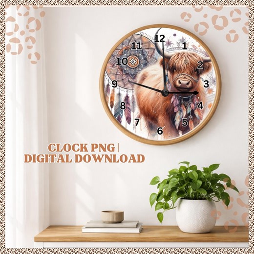 Clock Design Png, Highland Cow , Clock Sublimation, Boho Image , Pastel Clock, Clock Designs, Dream Catcher, Personalised Clock Png - Etsy