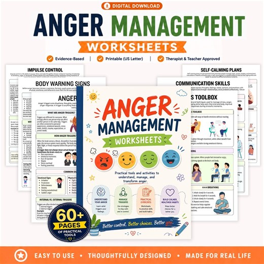 Anger Management Worksheets | Emotional Regulation & Coping Skills Workbook | 60  Printable PDF Pages - Etsy