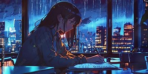 A Lofi Cute girl Night Love Rain Moon Passion time lights in the background. Background music Anime style. illustration lofi chill hip hop Relaxing music. Seamless Loop 4k Animation video