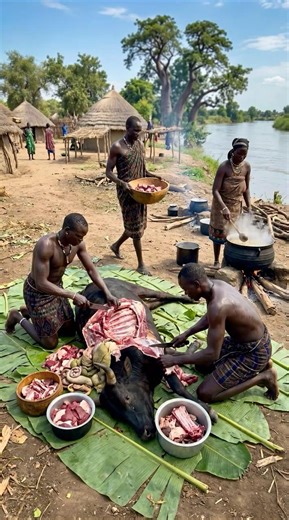 Dinka Tribe Giant Bull Butchering & Cooking 🥩 #tribal #bushcraft #shorts