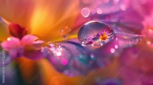 An april raindrop glistens on a delicate petal as it is reflected by the vibrant colors of the flowers surrounding it