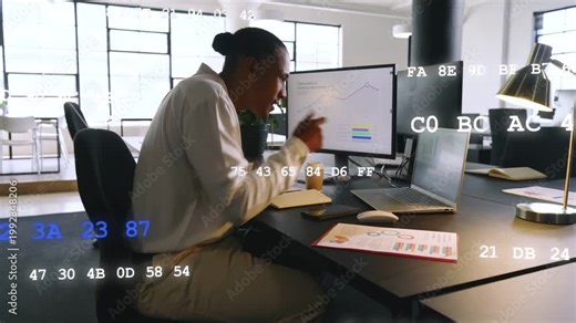 Male analyst monitoring finance charts, typing causing chart update, cheering with code overlaying