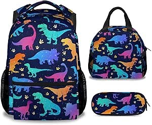 Dinosaur Backpack for Boys Girls, School Backpack with Lunch Box Set, 17 Inch Kids Bookbag for Elementary Middle School, Funny, Colorful Durable Girls Dinosaur Backpacks