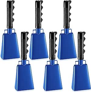6 Pack Blue Cow Bell Noise Makers with Handles, Cowbell Cheering Bell for Sporting Events, Football Games, Large Solid School, Musical Instrument Cowbell Alarm Cheers for Farm Games, 3 x 2 x 9 Inch