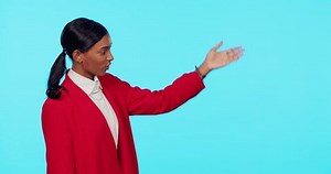 Woman, studio and happy talking weather forecast with hands for mockup space and advertising. Indian female, business model or reporter on a blue background for a presentation, news or broadcast