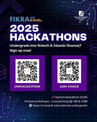 🚀 SC Malaysia is teaming up with UMHackathon & Varsity Hackathon (VHACK) under FIKRA EXCEL to spark innovation in Islamic fintech. Open to local & international undergraduates, this hybrid hackathon features expert-led virtual workshops & an in-person pitch session at Universiti Malaya & Universiti Sains Malaysia respectively. Questions? Email us at fikraace@seccom.com.my